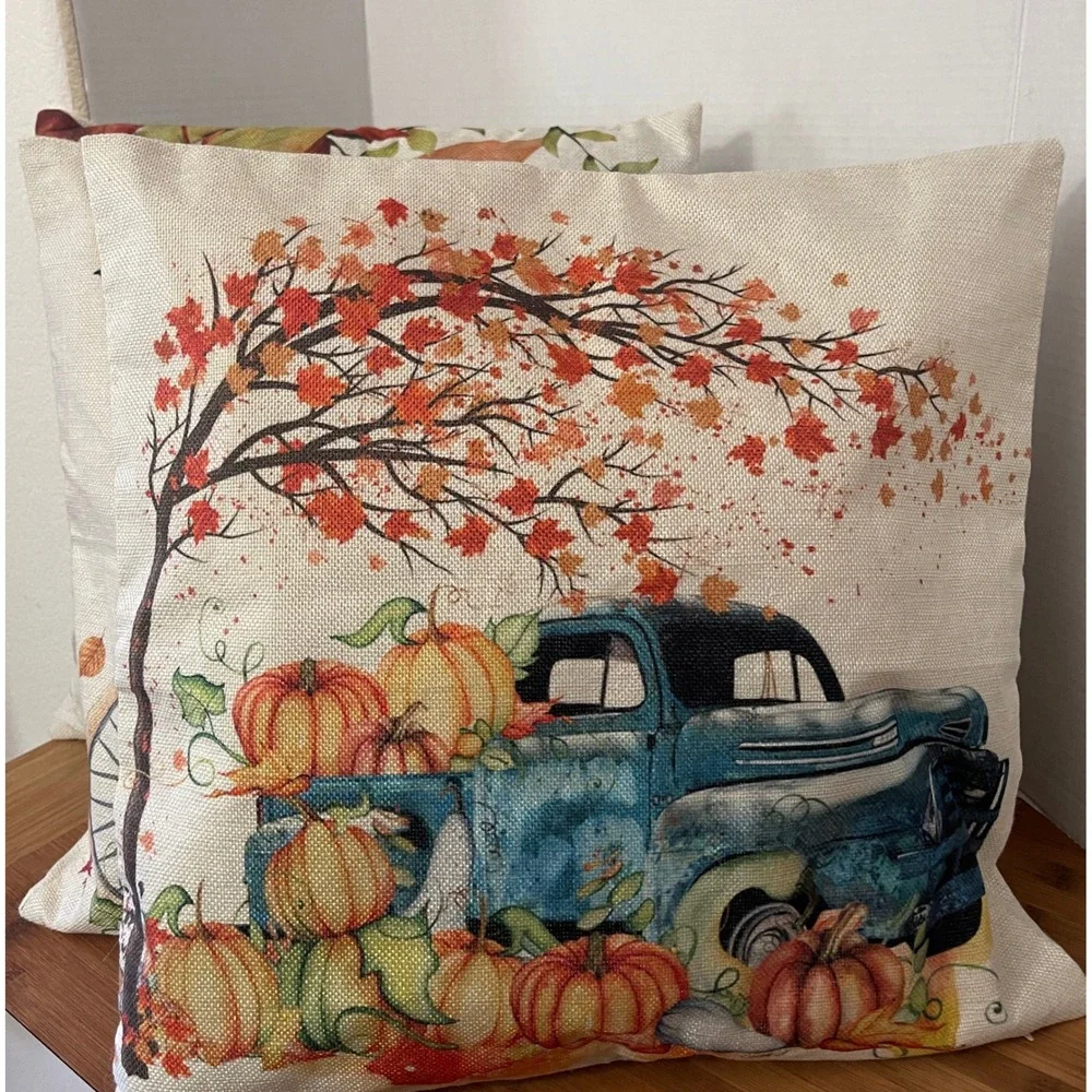 18x18 Fall Throw Pillow Covers w/Pillows included Set of 3 Autumn Leaves Pumpkin